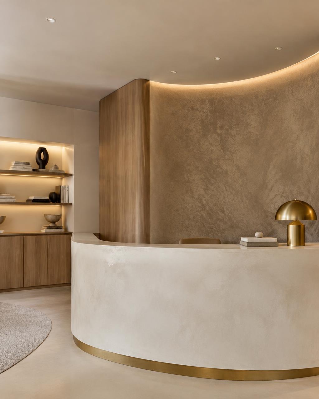 Commercial reception study with curved plaster desk