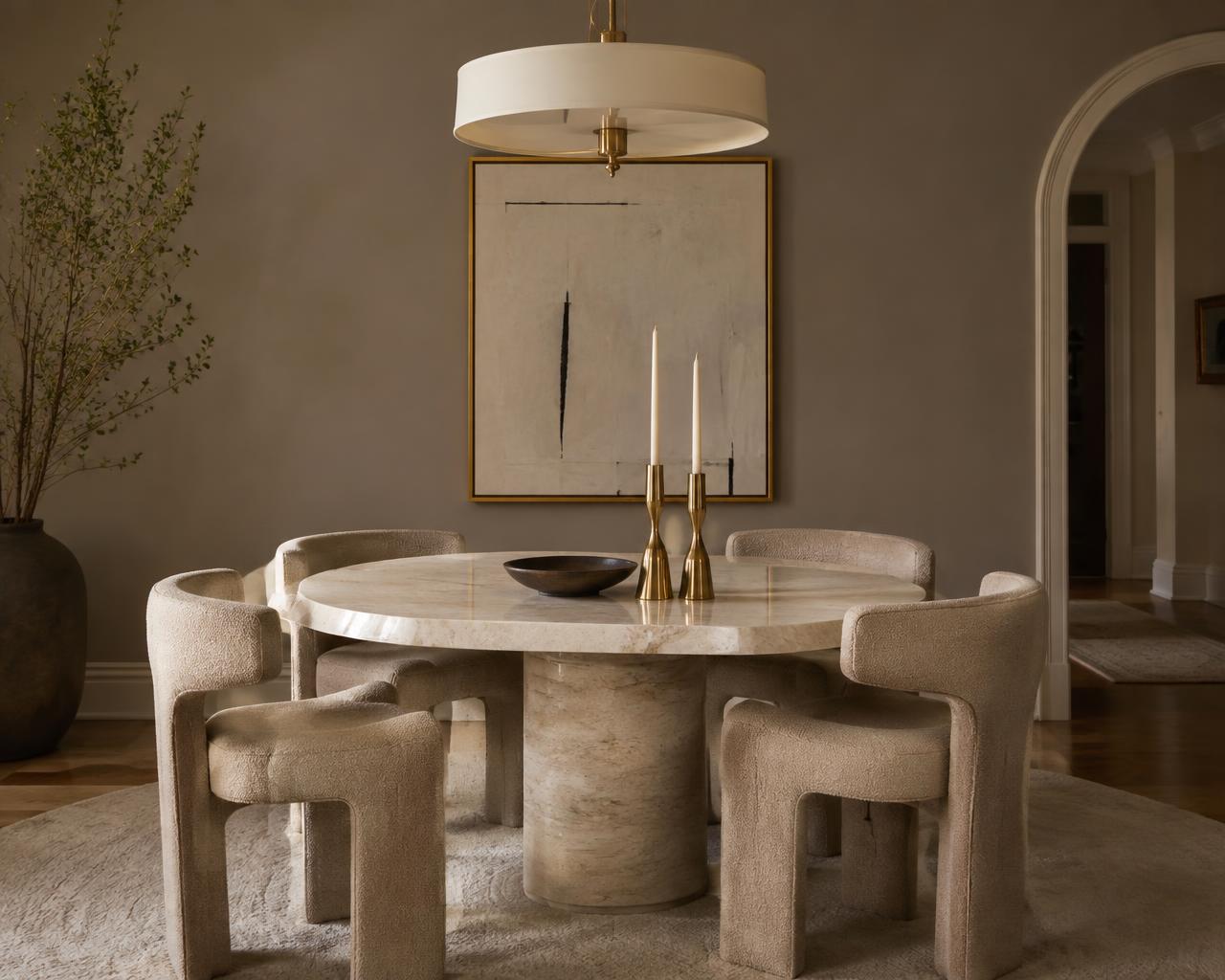 Dining space with a honed stone table and soft natural light